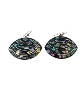 Vintage Alpaca Mexico Abalone Shell Earrings Boho Statement Dangle Y2K Artisanal